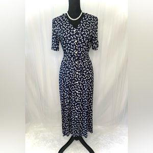 Vintage 90’s Navy Blue Kathie Lee tie waist midi dress; Sz. 6 Flowy Flirty Bows